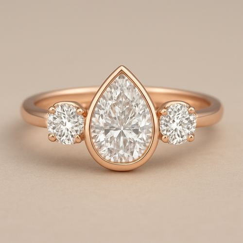 7 קראט יהלום טיפה באמצע ובצדדים קצת למעלה יותר יהלום אחד  בכל צד 2  קראט הכל מולחם בצבע רוז