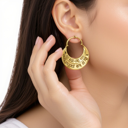 Серьги золотые в форме полукруга, полукруг как продолжение застежки, на полукруге надписи мантрами на санскрите