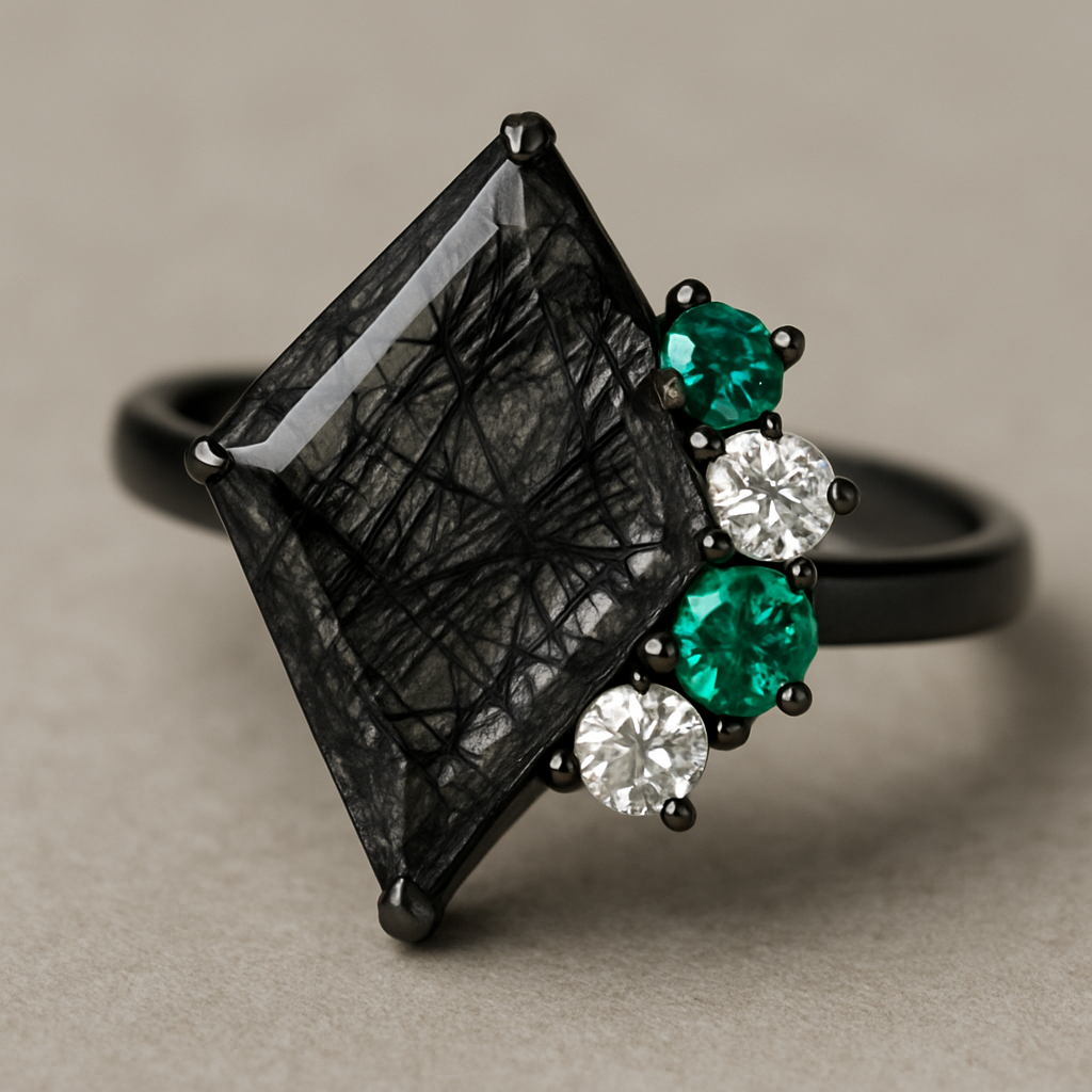 Kite cut Black rutilated quartz with emerald and moissanite accent stones in a cluster on a black band