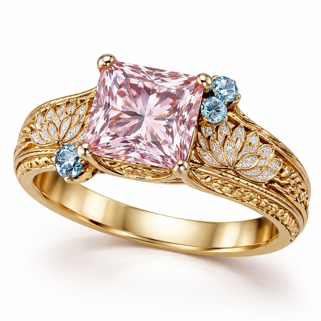 a light pink princess cut 4ct diamond ring with two small 0.25ct blue diamonds on the top right of the main light pink diamond and a small 0.25ct blue diamond on the corner of the bottom left of the main diamond with lotuses engraved on a gold band