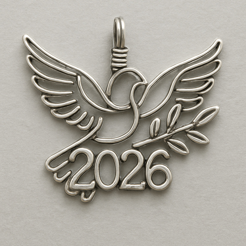 Silver cut-out charm blending together only the two spread out wings of a bird, an olive branch and  along year 2026