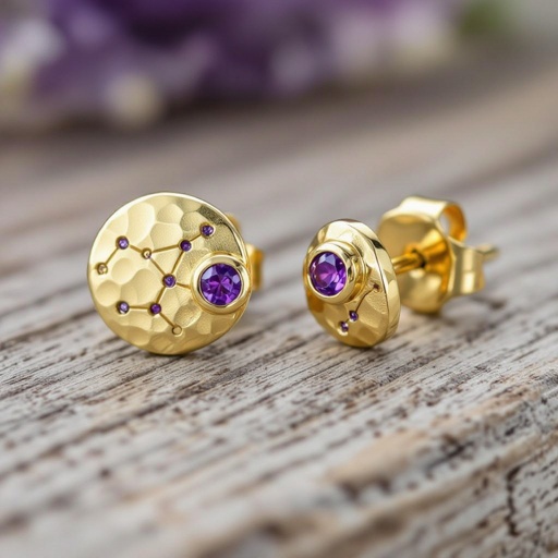 Серьги матовое золото мятое. Символ схематично созвездие. Маленькие фиолетовые камушки