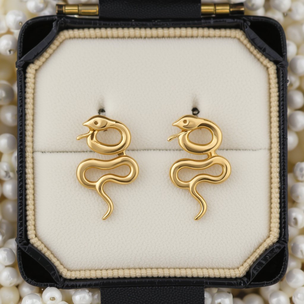 Небольшие золотые матовые серьги в виде символической змеи