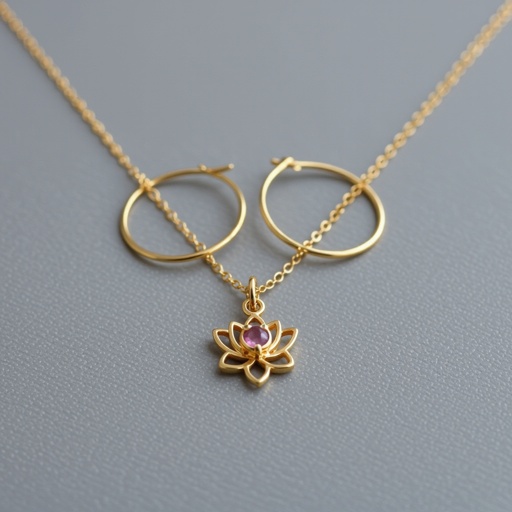 Серьги небольшие кольца, подвеска в виде золотого лотоса шестью лепестками с маленьким розовым кварцем по центру