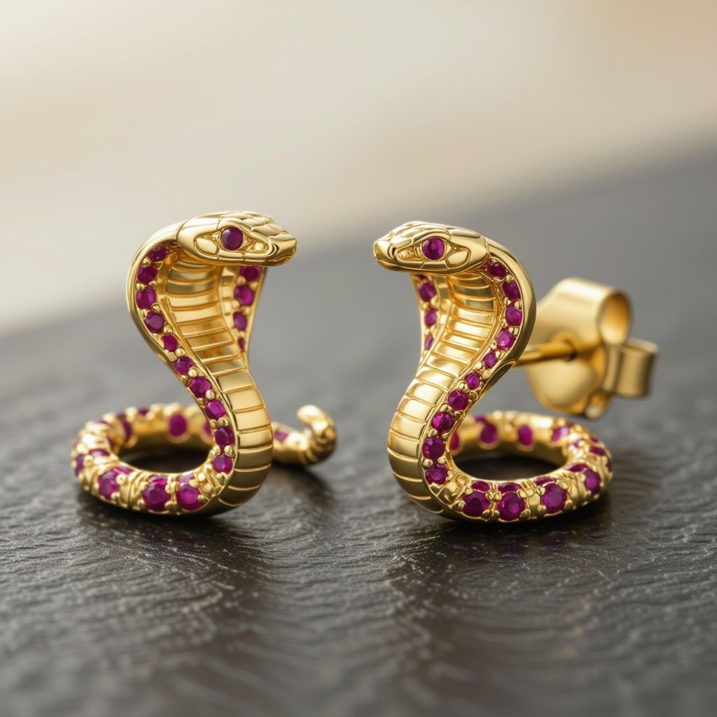 Небольшие золотые матовые серьги в виде кобры с открытым капюшоном