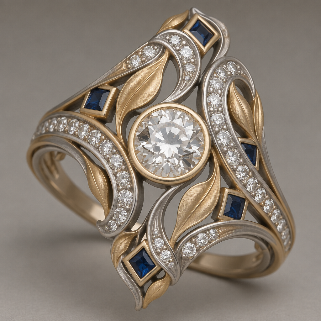 A art nouveau women's ring made of mixed metal with diamond and sapphire stones. design ring using 33 .10 carat diamonds, 7 .10 carat square sapphires, and one .50 carat round diamond. metals should be white and yellow gold with a matte finish. do not cluster gems.
photorealistic jewelry design, A art nouveau women's ring made of mixed metal with diamond and sapphire stones. design ring using 33 .10 carat diamonds, 7 .10 carat square sapphires, and one .50 carat round diamond. metals should be white and yellow gold with a matte finish. do not cluster gems., art_nouveau style, just the design no text