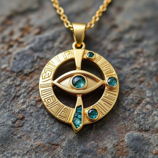 Подвеска из матового золота с узорами и мелкими необработанными матовыми камнями в форме двух пересекающихся окружностей и глаза между ними