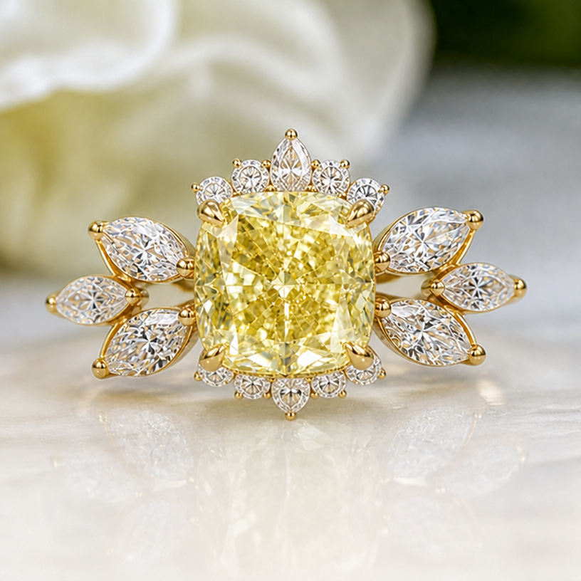 The same ring and add some other diamonds around the top and bottom of the Canary diamond
edit the attached jewelry design with these instructions: The same ring and add some other diamonds around the top and bottom of the Canary diamond. keep it photorealistic, just the design no text