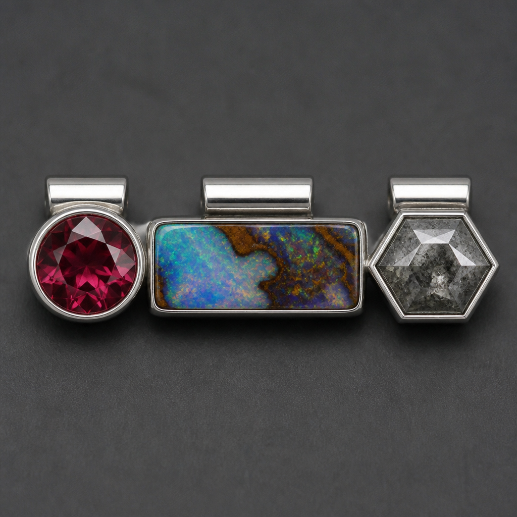 5mm round red beryl, rectangle boulder opal, 5mm hexagon salt and pepper diamond pendant sideways using tube bail on each stone on top
photorealistic jewelry design, 5mm round red beryl, rectangle boulder opal, 5mm hexagon salt and pepper diamond pendant sideways using tube bail on each stone on top , modern style, just the design no text
