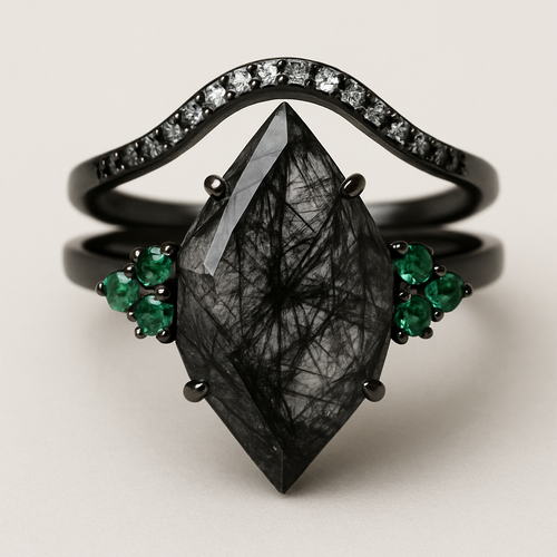 Black band, long kite cut rutilated black quartz, emerald accent stones 3 on each side in a cluster, add a wedding band that curves around the top of the main stone with black and white stones