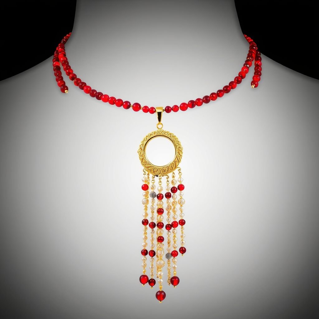 Long tie necklace with small size glass red beads going around neck and in front entering the golden ring and hanging out. 