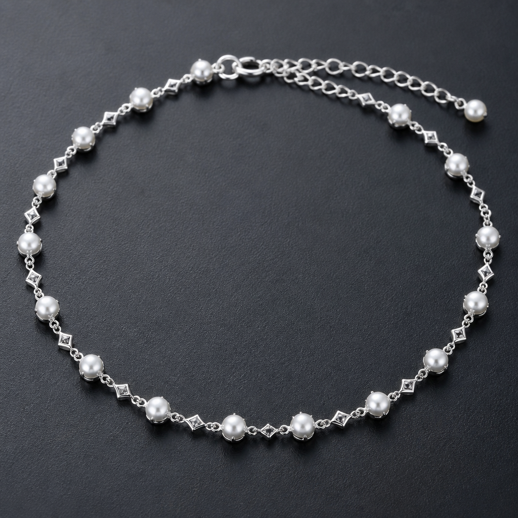 A platinum women's anklet made of platinum with pearl stones
photorealistic jewelry design, A platinum women's anklet made of platinum with pearl stones, platinum style, just the design no text