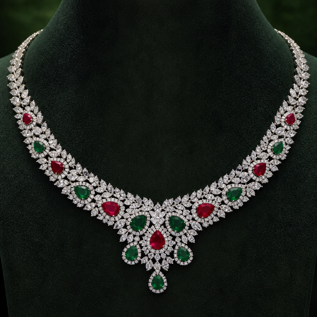 A women's necklace suitable for wedding. a delicious necklace for red and green diamond colour Wedding
photorealistic jewelry design, A women's necklace suitable for wedding. a delicious necklace for red and green diamond colour Wedding, modern style, just the design no text