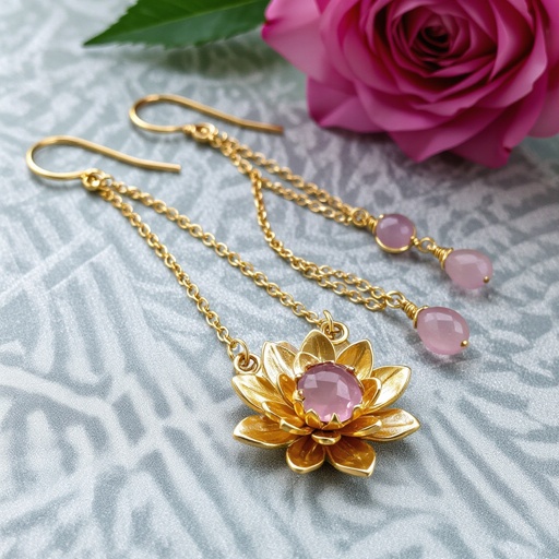 Светлое матовое золото. Серьги с лотосом на длинных цепочках. По центру лотоса камень необрабаботанного розового кварца, от лотоса идет цепочка с еще одним камнем кварца на конце. Серьги тонкие и легкие