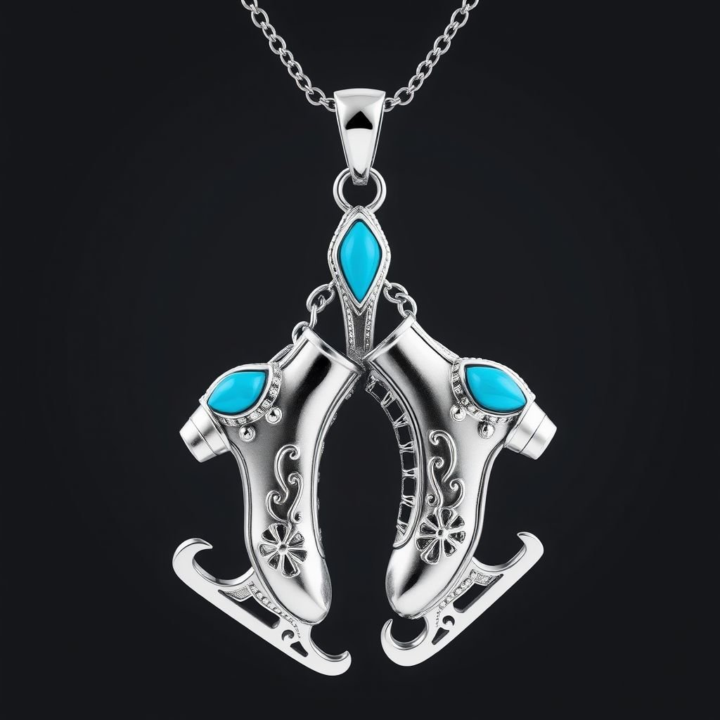 Pendant silver with stylized ice figure skating skates. Remove boots and leave only lowest part of skates. Add turquoise
