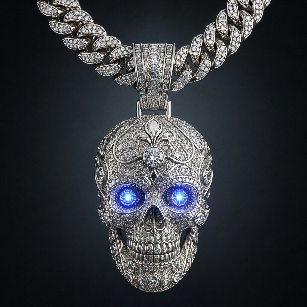 A women's pendant made of white gold with diamond stones suitable for festival, highly ornate, intricate and elaborate, richly detailed. hazme una cadena cubana con un colgante grande de una calavera que tenga un sistema de luces en la parte de los ojos
photorealistic jewelry design, A women's pendant made of white gold with diamond stones suitable for festival, highly ornate, intricate and elaborate, richly detailed. hazme una cadena cubana con un colgante grande de una calavera que tenga un sistema de luces en la parte de los ojos, modern style, just the design no text