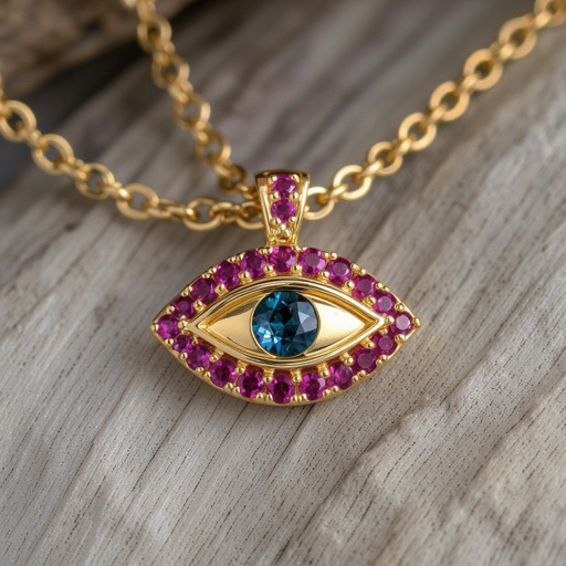 Тонкая цепочка с золотыми шариками и мелкими розовыми камушками на цепочке есть кулон в форме глаза, зрачок глаза из темно синего камня 