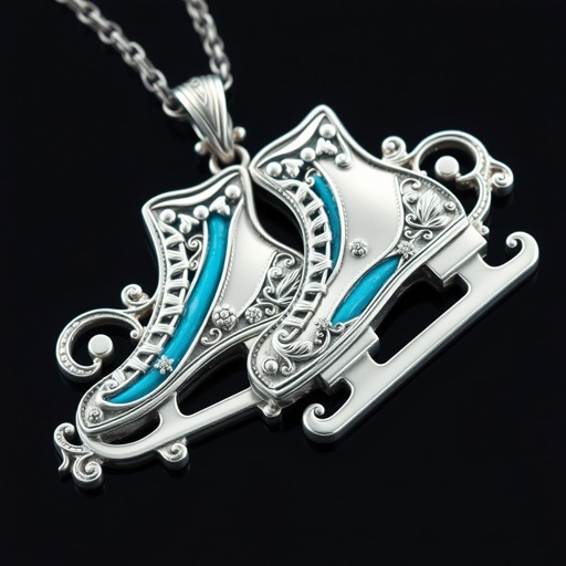 Silver pendant in the shape of ice skating blades with a turquoise stripe within the blade