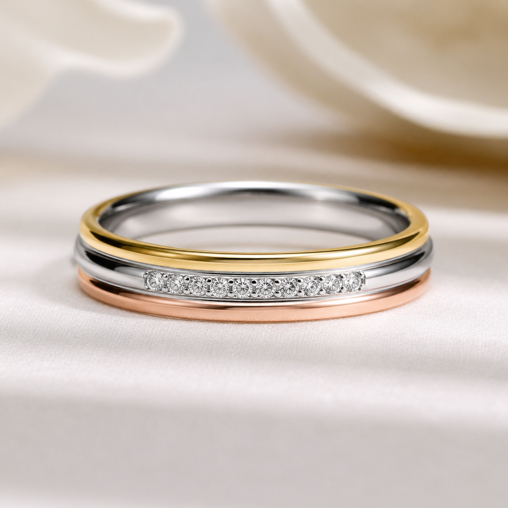 A minimalist women's ring made of platinum with diamond stones suitable for gift. create ring using gold platinum and rose gold keep platinum in between and keep diamonds in it
photorealistic jewelry design, A minimalist women's ring made of platinum with diamond stones suitable for gift. create ring using gold platinum and rose gold keep platinum in between and keep diamonds in it, minimalist style, just the design no text