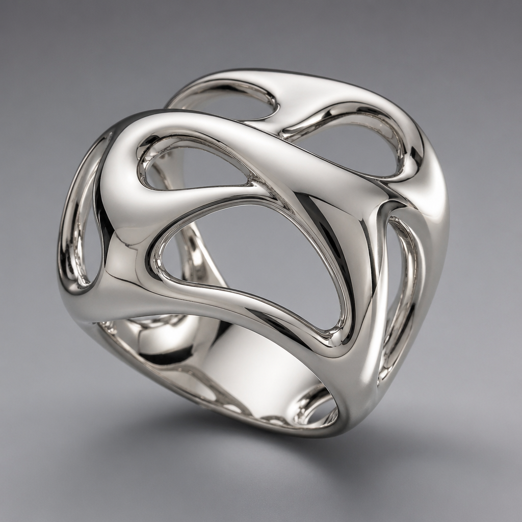 Anel bombe em prata com desenho com curvas sinuosas
photorealistic jewelry design, Anel bombe em prata com desenho com curvas sinuosas , contemporary style, just the design no text