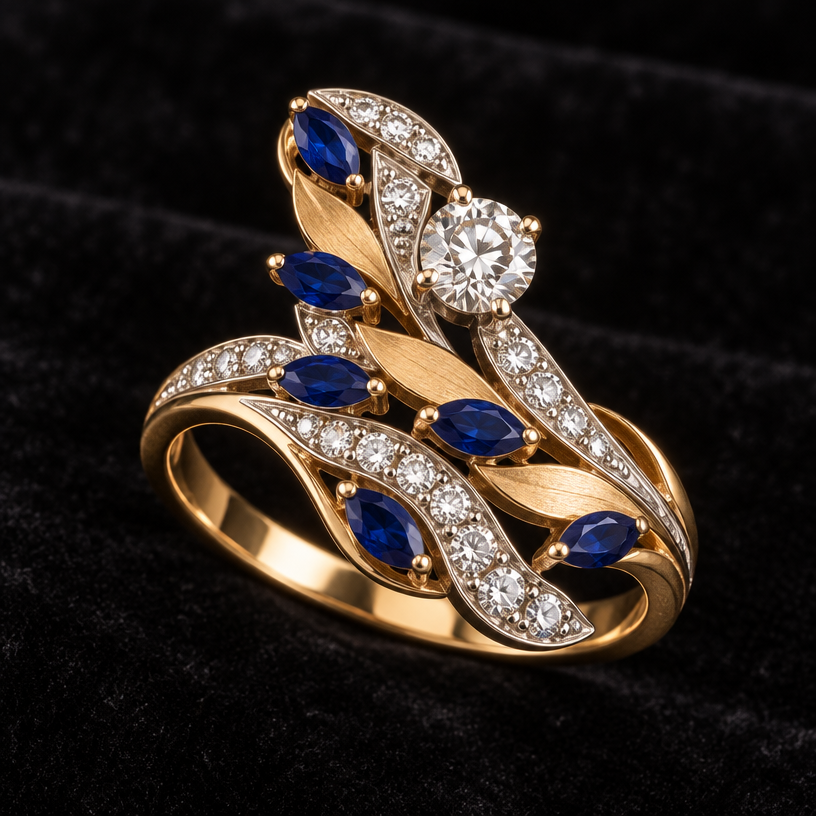 A vintage women's ring made of mixed metal with diamond and sapphire stones. design ring using the photo for gem size reference, but do not cluster the gems. the ring should contain 33 of the smaller diamonds, 7 of the sapphires, and the one larger diamond.
using the attached image as a visual reference, create A vintage women's ring made of mixed metal with diamond and sapphire stones. design ring using the photo for gem size reference, but do not cluster the gems. the ring should contain 33 of the smaller diamonds, 7 of the sapphires, and the one larger diamond.. photorealistic, just the design no text