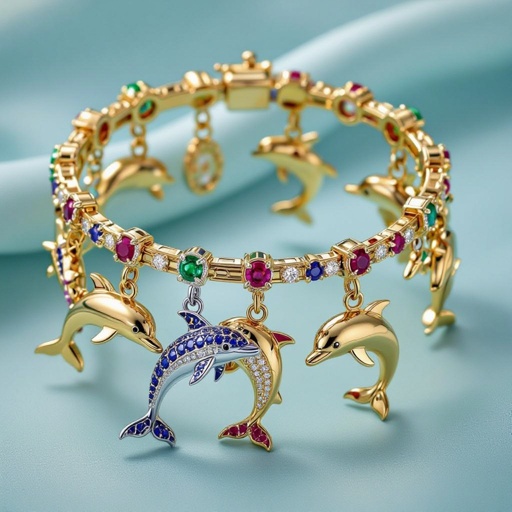Make a chime bracelet having multiple dolphins studded with emeralds sapphires and rubies high jewellery 