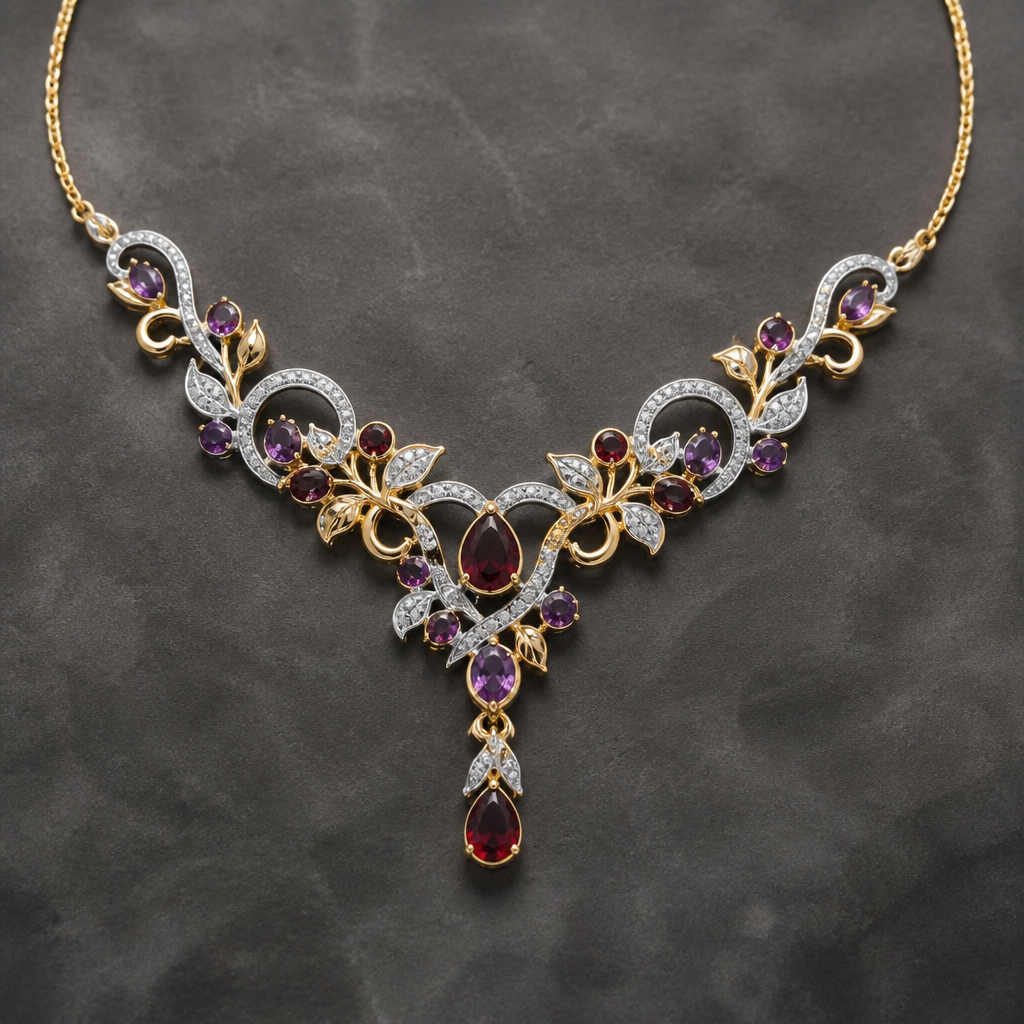A modern women's necklace made of mixed metal with garnet and amethyst and diamond stones suitable for festival, detailed and decorative, moderately ornate
photorealistic jewelry design, A modern women's necklace made of mixed metal with garnet and amethyst and diamond stones suitable for festival, detailed and decorative, moderately ornate, modern style, just the design no text