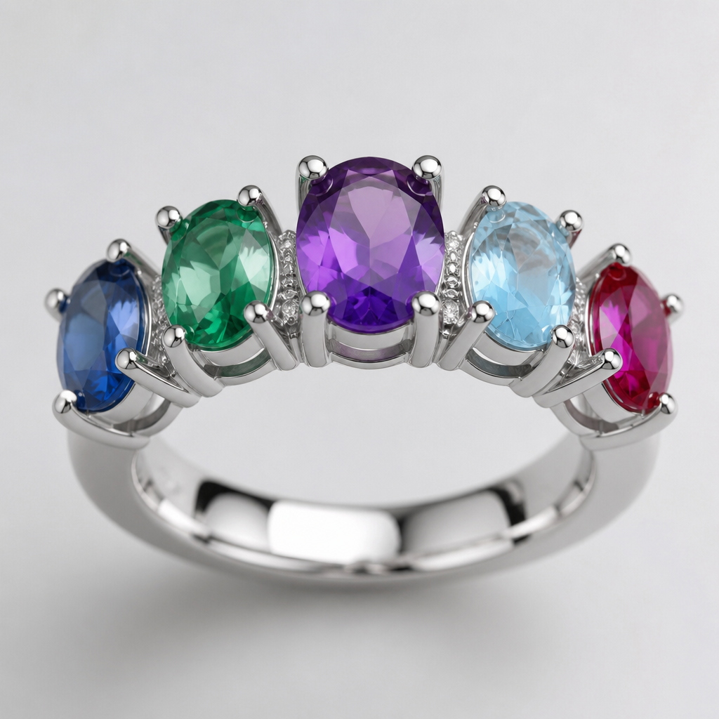 A modern women's ring made of white gold with sapphire and emerald and amethyst and topaz and ruby stones suitable for birthday. un cinquillo multicolor
photorealistic jewelry design, A modern women's ring made of white gold with sapphire and emerald and amethyst and topaz and ruby stones suitable for birthday. un cinquillo multicolor, modern style, just the design no text