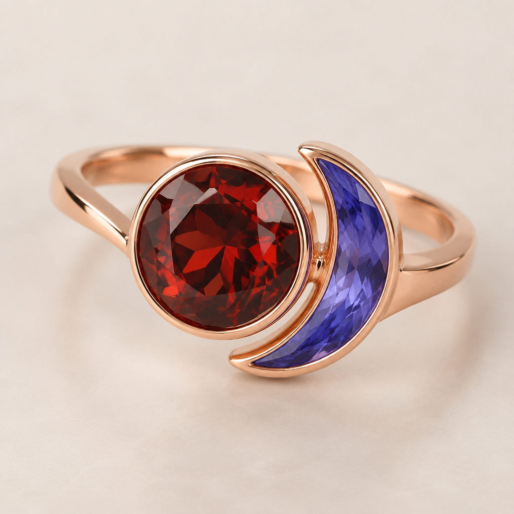 A modern women's ring made of rose gold. full moon granat half moon tanzanit
photorealistic jewelry design, A modern women's ring made of rose gold. full moon granat half moon tanzanit, modern style, just the design no text