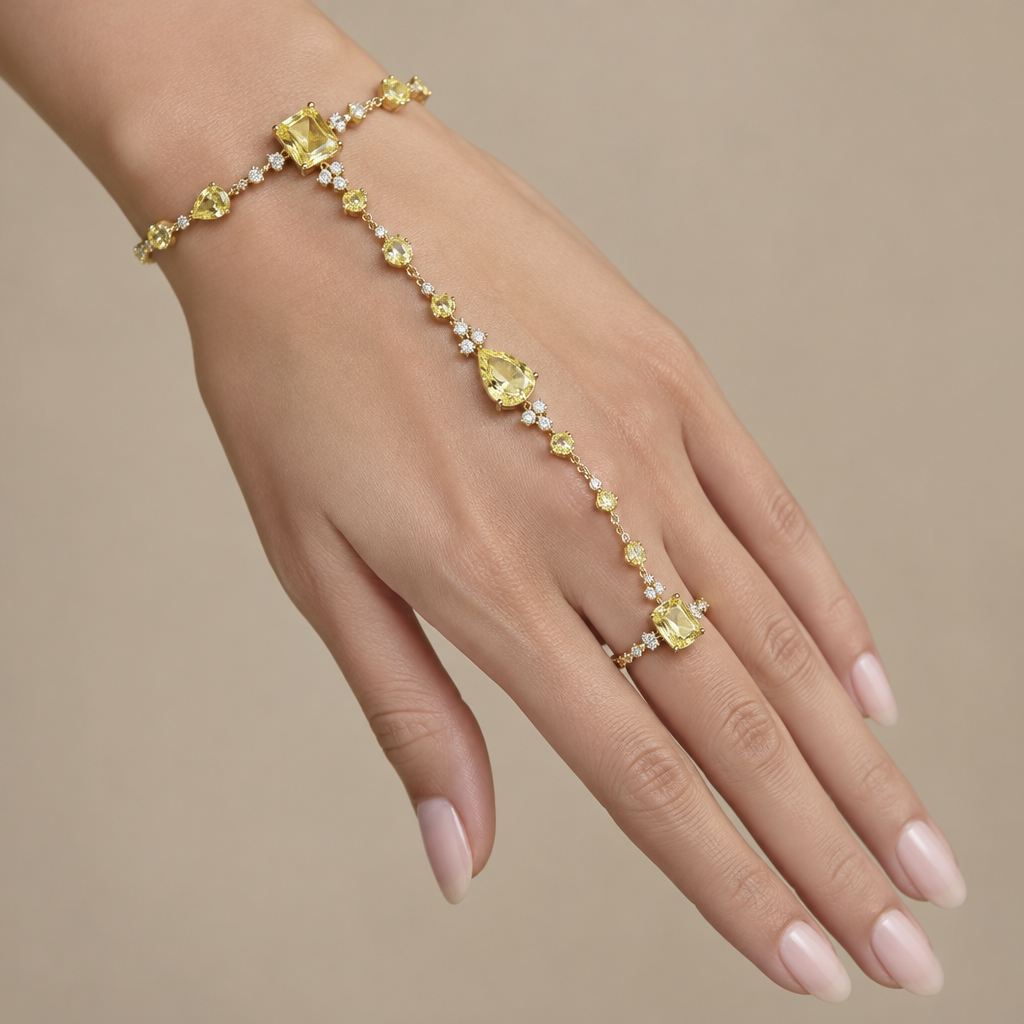 Yellow diamonds hand chain
photorealistic jewelry design, Yellow diamonds hand chain
, just the design no text
