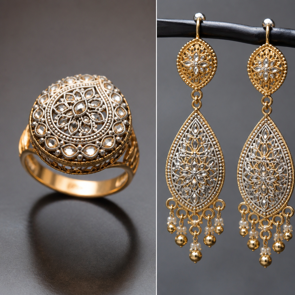 A women's ring. kashmiri earings with unique design
photorealistic jewelry design, A women's ring. kashmiri earings with unique design, modern style, just the design no text