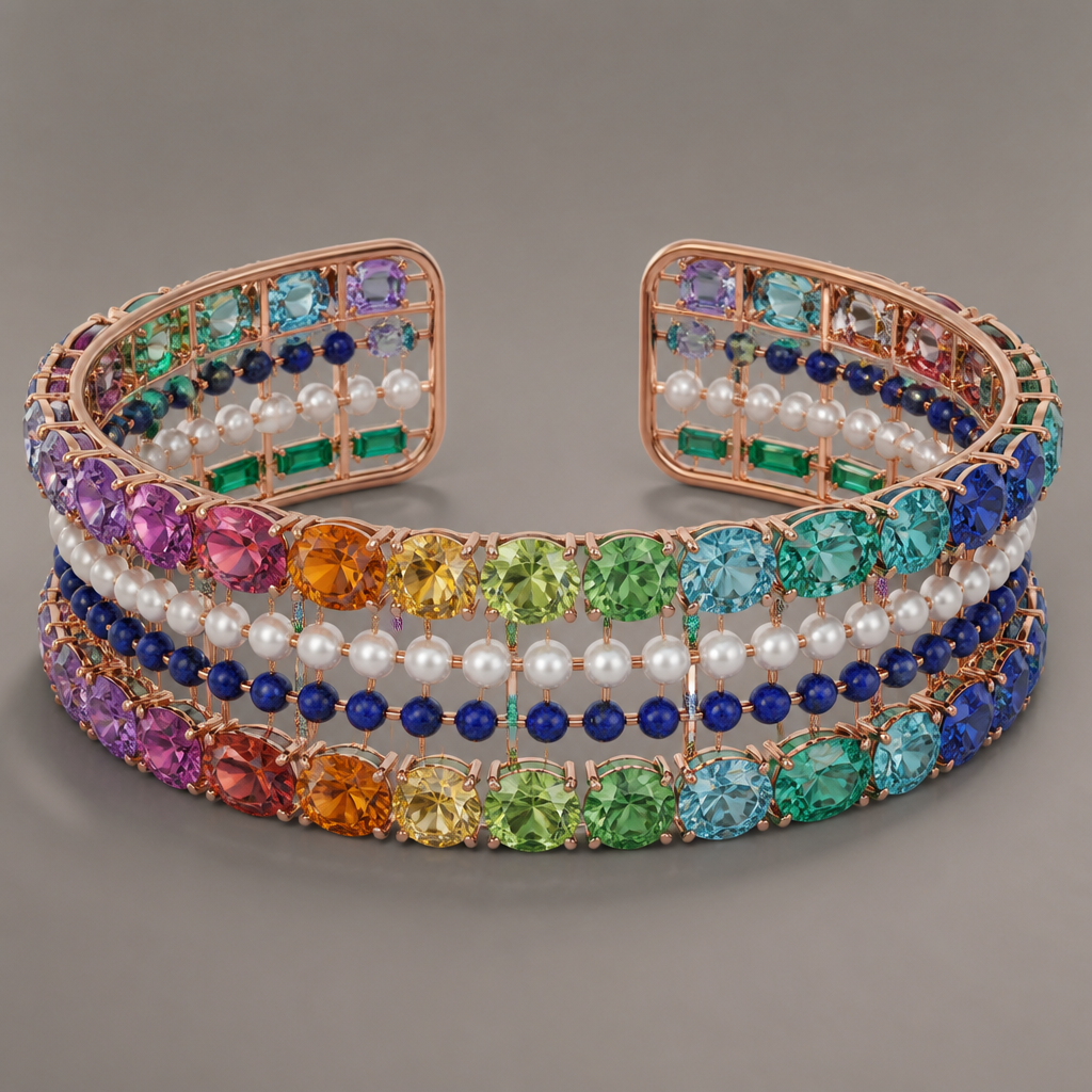 Rainbow diamond rhodium rose gold pearl emerald stringy lapis with larger versions of the gems at the outer rim
photorealistic jewelry design, Rainbow diamond rhodium rose gold pearl emerald stringy lapis with larger versions of the gems at the outer rim, cuff style, just the design no text
