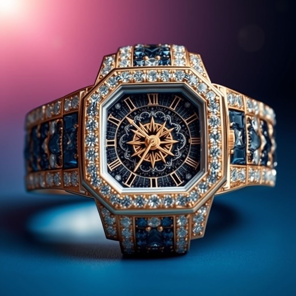 Create a watch where the case and strap are completely made out of diamond, with blue and black diamonds, ancient gold and gibeon meteorite
Design an exquisite watch featuring a shimmering case and band crafted entirely from luminous diamonds, blending deep blue and rich black hues. The watch’s intricate face showcases an ancient gold emblem, while rare Gibeon meteorite accents add cosmic allure, symbolizing the harmony of earthly beauty and celestial wonder, a timeless masterpiece.