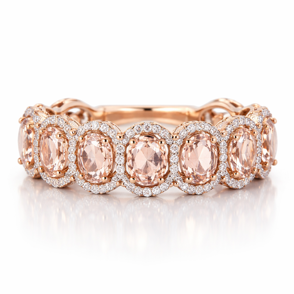 Rose gold ring. 9 stone oval morganite gems. Diamond halo around each stone.
Rose gold ring. 9 stone oval morganite gems. Diamond halo around each stone. , classic style