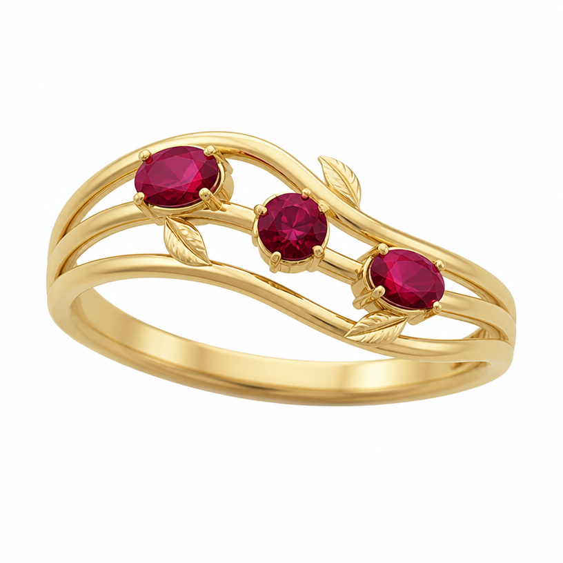 A nature women's ring made of gold with ruby stones suitable for birthday. 3 stones, same size, 1 round 2 oval,
3 stripes each stone on a different stripe, all 3 connected
using the attached image as a visual reference, create A nature women's ring made of gold with ruby stones suitable for birthday. 3 stones, same size, 1 round 2 oval,
3 stripes each stone on a different stripe, all 3 connected. photorealistic, just the design no text