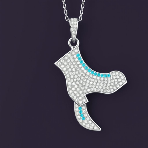 Silver pendant in the shape of ice skating blades with a turquoise stripe within the blade