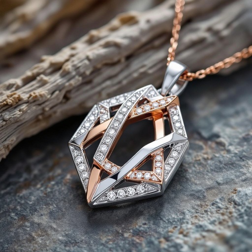 White and rose gold  Geomatric edgy pendant of diamonds vibes of architectural and edge sthle modern contemporary item