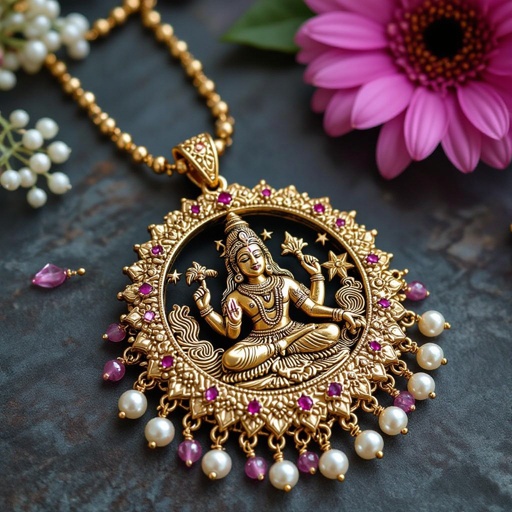 Кулон на длинной цепочке. Матовое светлое золото. В цепочке небольшие золотые шарики и розовые камушки и жемчуга. Кулон в форме неровного мятого круга. На круге изображен бог шива. Круг украшен лотосами звездами волнами узорами