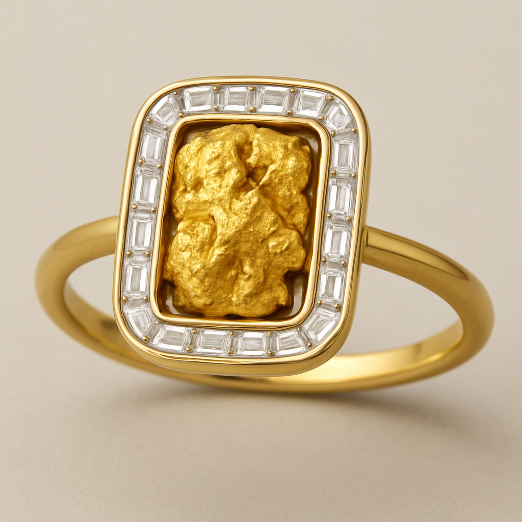 Baguette diamond border around natural gold nugget with simple round band