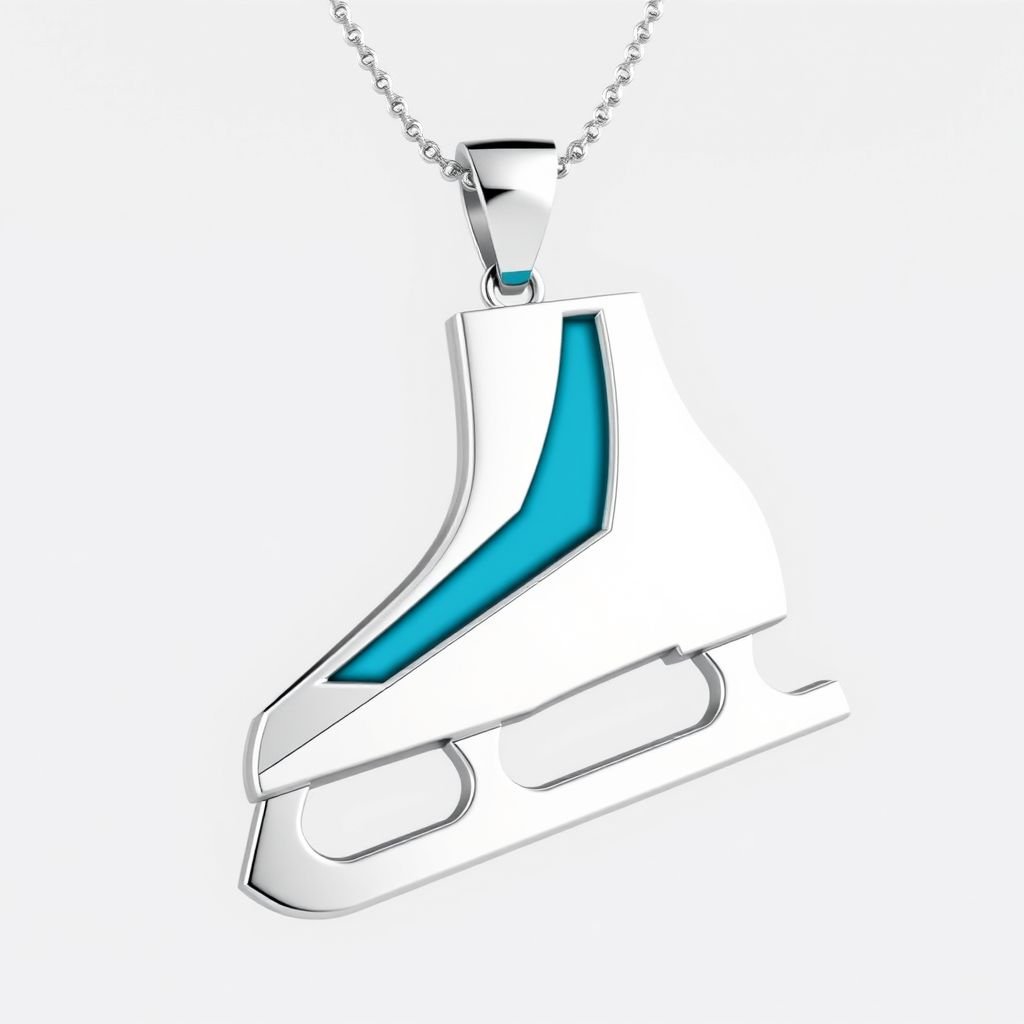 Silver Pendant shape one ice skate with turquoise stripe inside the low thin part blade 
