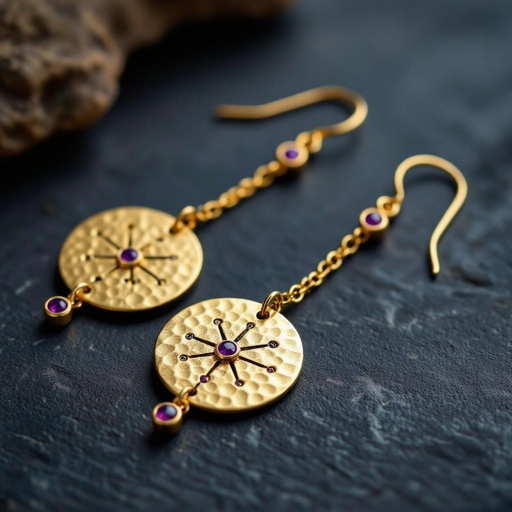 Серьги длинные на цепочках матовое золото мятое. Символ схематично созвездие. Маленькие фиолетовые камушки