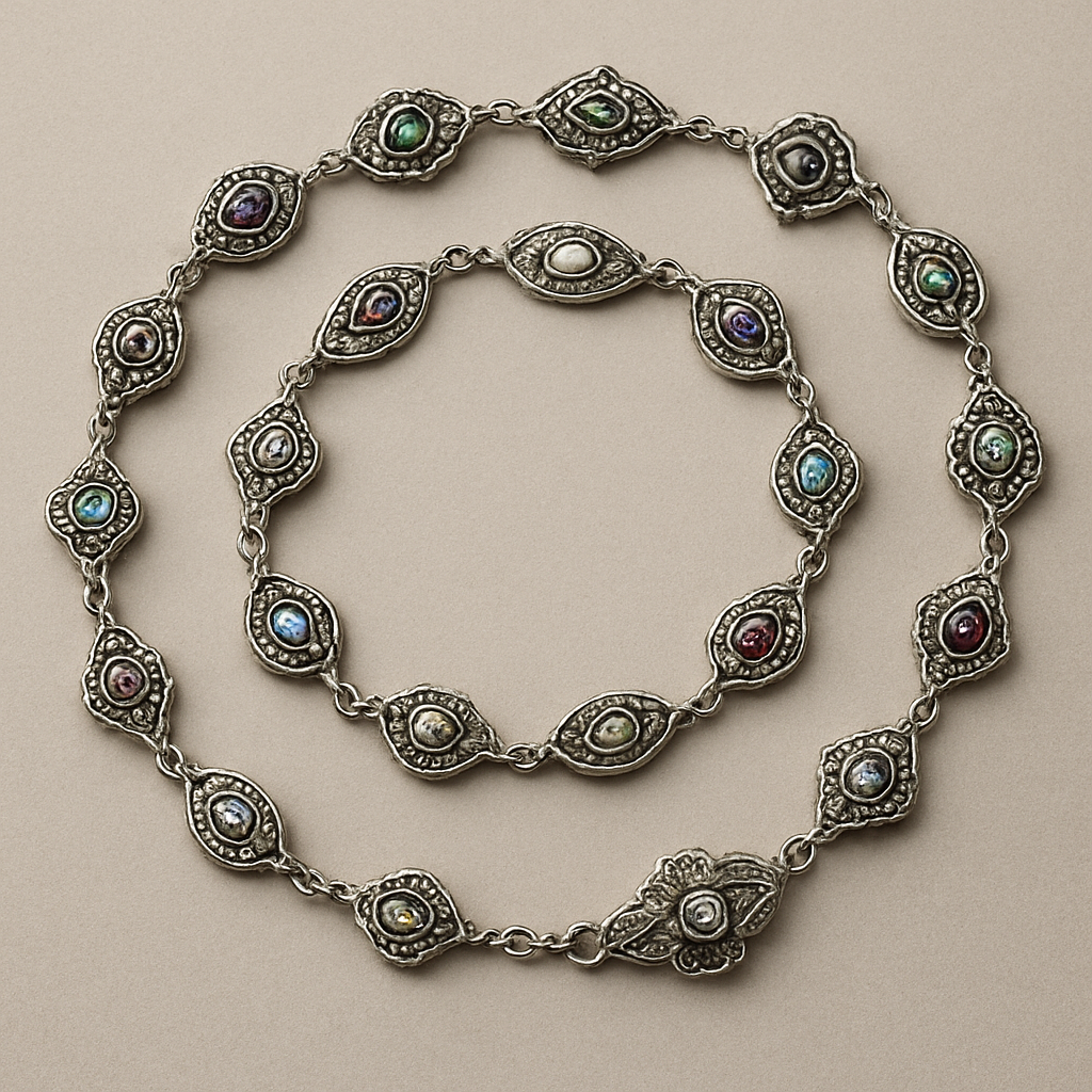 Сделай длинное цепочка в стиле Ван Клифф которую можно в несколько раз обмотать вокруг шеи звенья расположены на расстоянии 5 см друг от друга длина всей цепочки 1 м все звенья разные разные формы винтажном старинном стиле небольшие с цветными камнями цепочка сделана в белом золоте застёжка тоже выглядит как винтажная маленькая брошечка