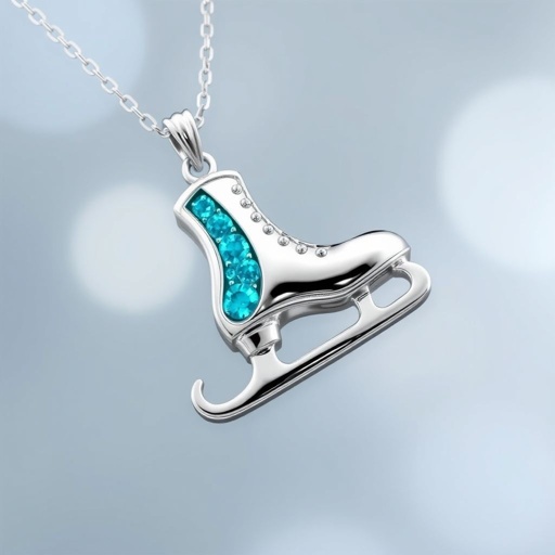 Silver Pendant shape one ice skate with turquoise stripe inside the low thin part blade
