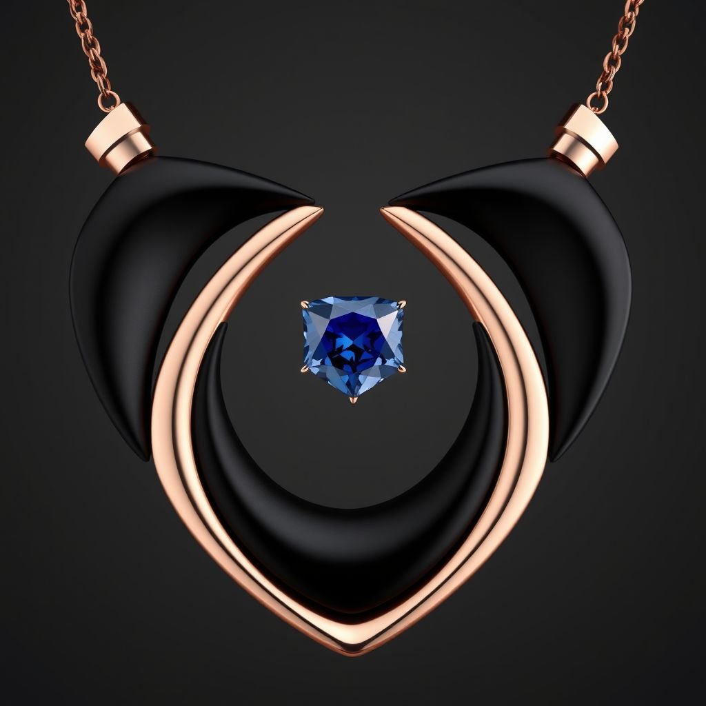 Modern abstract necklace Modern Design a sleek, modern cuff bracelet featuring asymmetrical angles and a polished finish. Use a combination of brushed matte silver and high-shine gold accents for contrast. Incorporate a single, oval-cut gemstone-perhaps a striking emerald-set at an unconventional angle, creating a bold focal point that exudes contemporary elegance and sophistication.