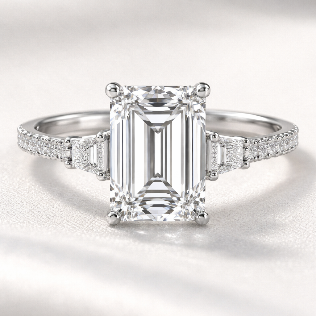 3.5 carats emerald cut ring, with a thin platinum pave band and small trapezoid side stones