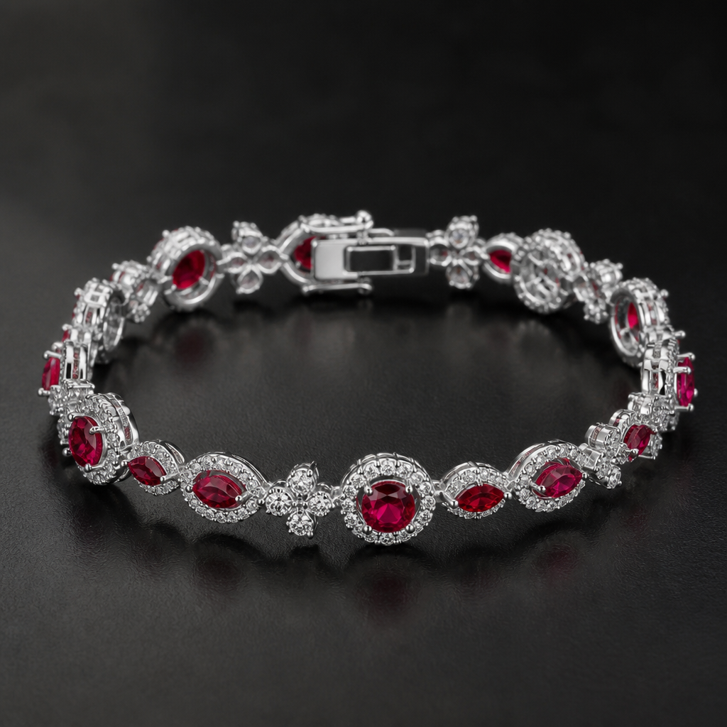 A luxury women's bracelet made of white gold with ruby stones suitable for party
photorealistic jewelry design, A luxury women's bracelet made of white gold with ruby stones suitable for party, luxury style, just the design no text