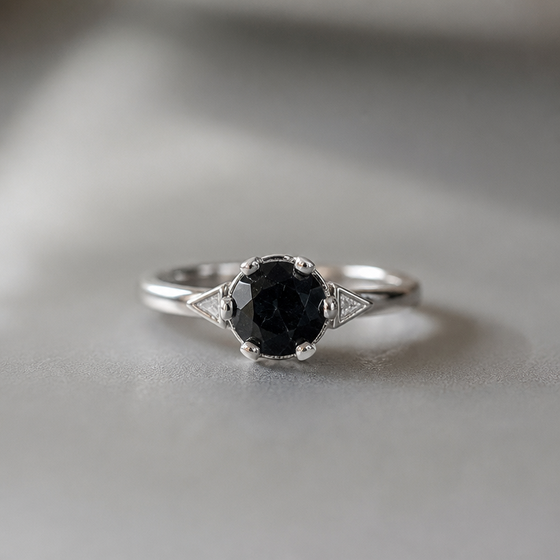 A women's ring made of silver. take this black onyx and make some triangles outside the stone on either side out of silver
using the attached image as a visual reference, create A women's ring made of silver. take this black onyx and make some triangles outside the stone on either side out of silver. photorealistic, just the design no text