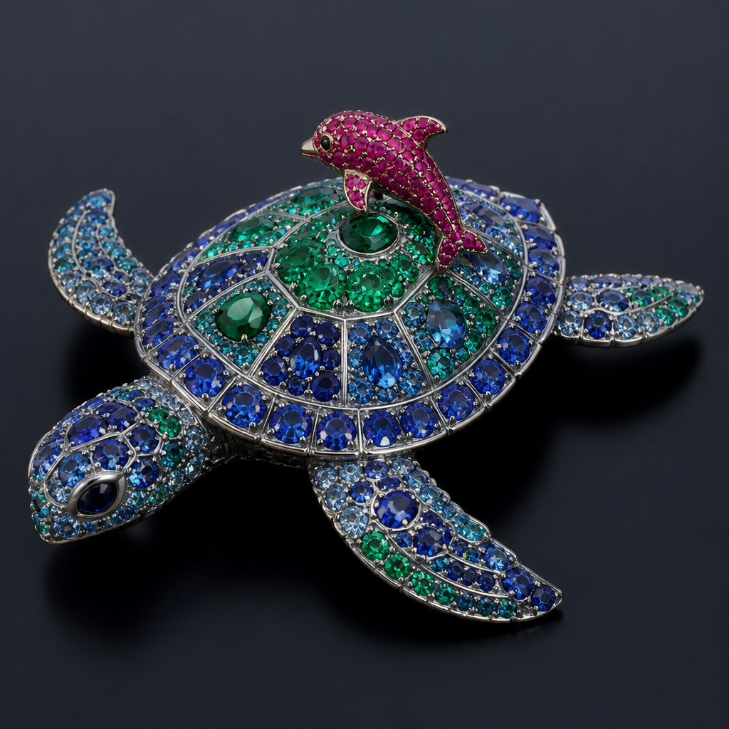 Emerald and sapphire in all shades in a sea turtle with a tiny ruby dolphin on the top of it’s shell
photorealistic jewelry design, Emerald and sapphire in all shades in a sea turtle with a tiny ruby dolphin on the top of it’s shell, abstract style, just the design no text