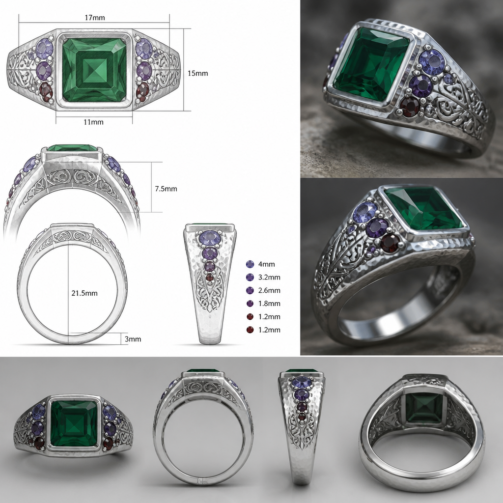 A tribal men's ring made of silver with emerald and garnet stones. a square emerald cut 11mm by 11mm emerald in a signet ring with garnets on the side between 3 and 6 on each side that goes from really dark red almost black to purple and then blueish garnet at the top on the sides close to the emerald also making the blueish garnet 4mm and going a size smaller until the dark red at the bottom at 1.2mm
i would like a detailed sketch with mesures and also a photo realistique of the ring
id like some scandinavian ingraving
and a hammered texture on the top half that slowly transition to a polished finish on the bottom of the ring
photorealistic jewelry design, A tribal men's ring made of silver with emerald and garnet stones. a square emerald cut 11mm by 11mm emerald in a signet ring with garnets on the side between 3 and 6 on each side that goes from really dark red almost black to purple and then blueish garnet at the top on the sides close to the emerald also making the blueish garnet 4mm and going a size smaller until the dark red at the bottom at 1.2mm
i would like a detailed sketch with mesures and also a photo realistique of the ring
id like some scandinavian ingraving
and a hammered texture on the top half that slowly transition to a polished finish on the bottom of the ring, tribal style, just the design no text