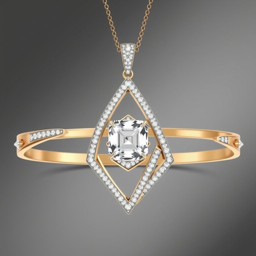 Geomatric modern pendant and bracelete of white diamonds of abstracr and architectural shapes